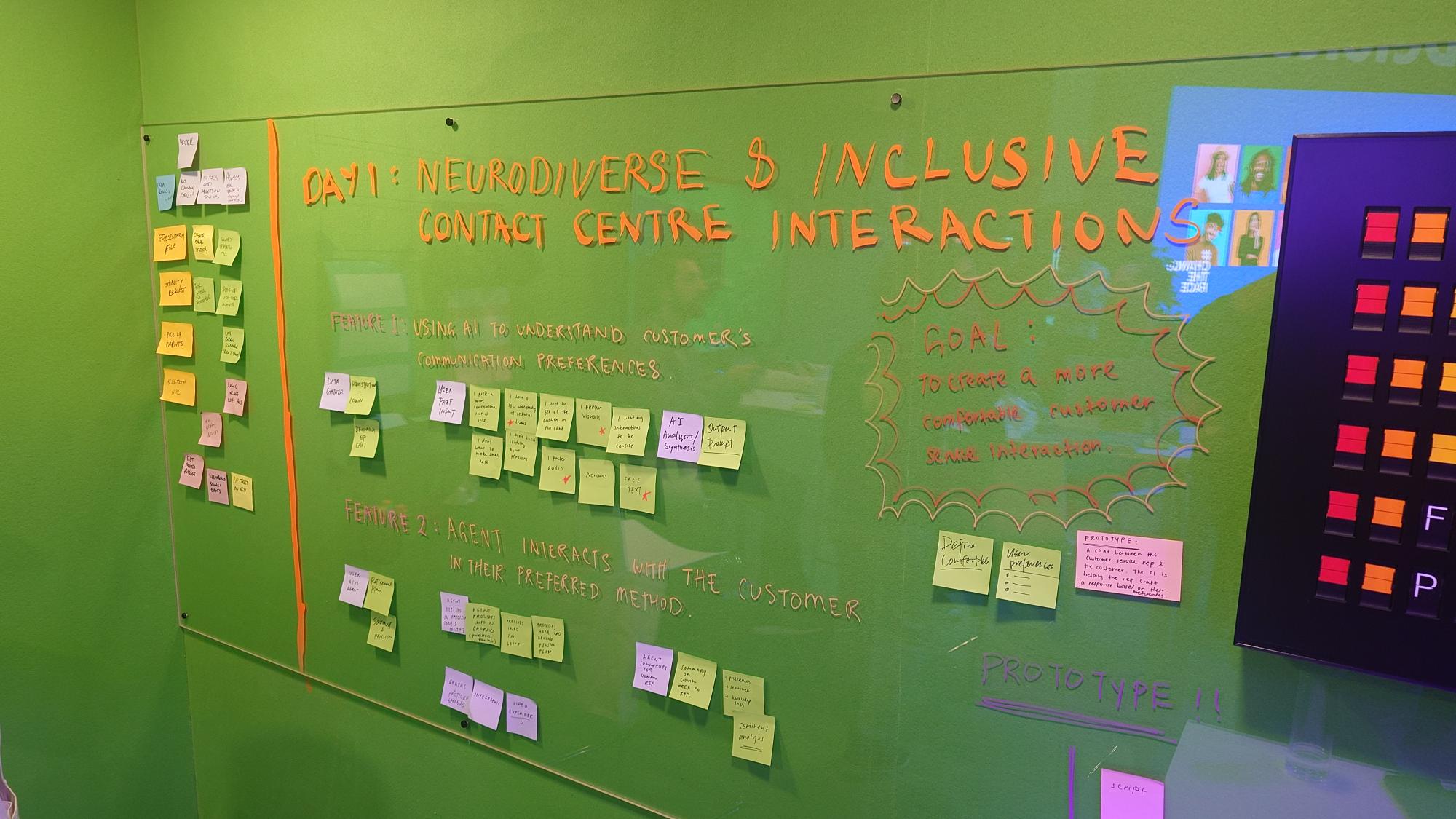 A big green ideas board at the Deloitte stand at MWC, covered in post-its and written notes about AI and neurodiversity in the workplace.